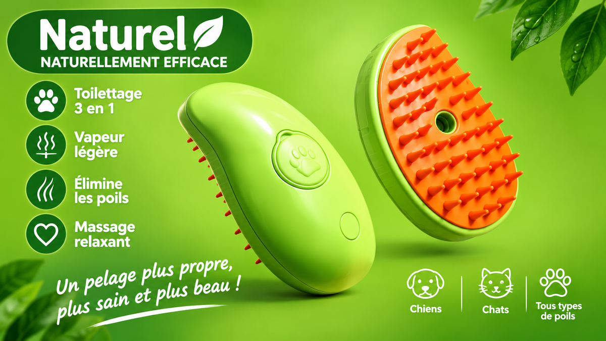 Brosse de toilettage 3-en-1 conçue pour prendre soin du pelage des chiens et des chats. Elle aide à éliminer les poils morts, offre un massage agréable et diffuse une légère vapeur pour faciliter le toilettage. Idéale pour un entretien régulier du pelage à la maison.
