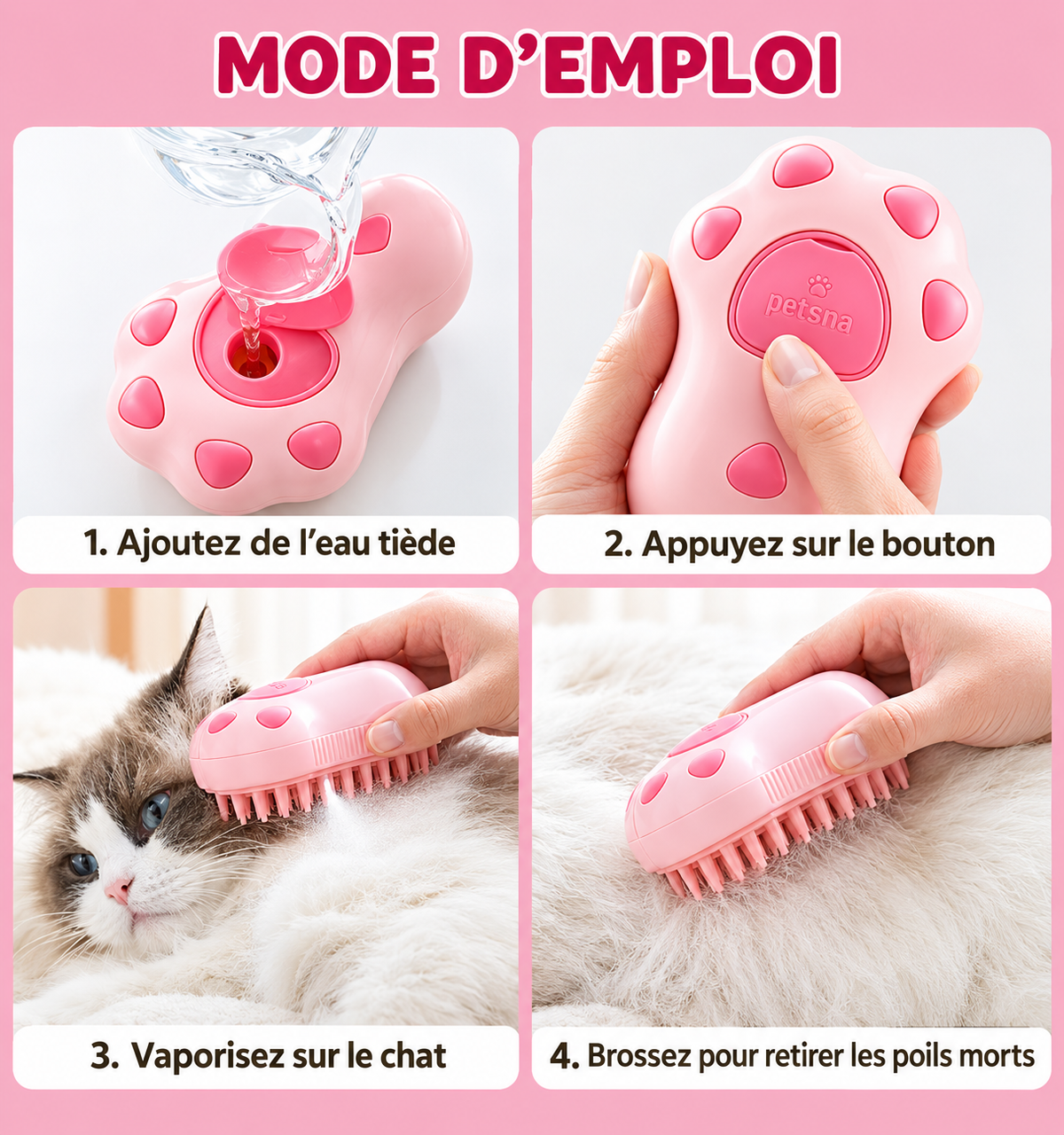 Brosse 3-en-1 pour chiens et chats – Vapeur, spray et massage – Élimination des poils morts