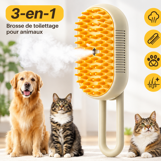 Brosse de toilettage 3-en-1 pour chiens et chats avec vapeur, spray, massage et élimination des poils et des nœuds.