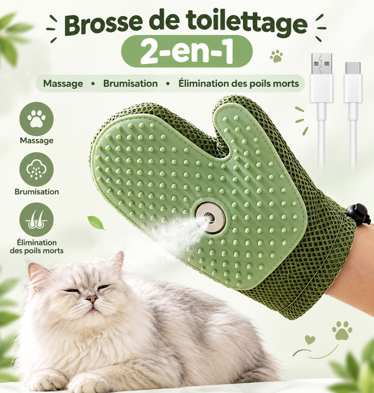 Brosse de toilettage 3-en-1 pour chiens et chats, avec vapeur, spray, massage et élimination des poils et des nœuds.